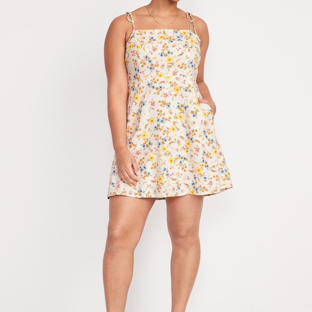 Fit & Flare Tie-Strap Linen-Blend Floral Mini Dress